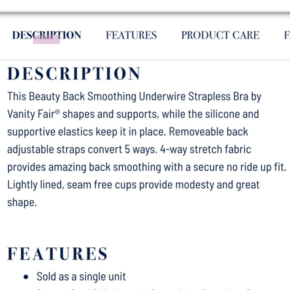 NWT VANITY FAIR 74380 Beauty Back Strapless Underwire Bra Women’s Black Size 34B - Picture 5 of 16